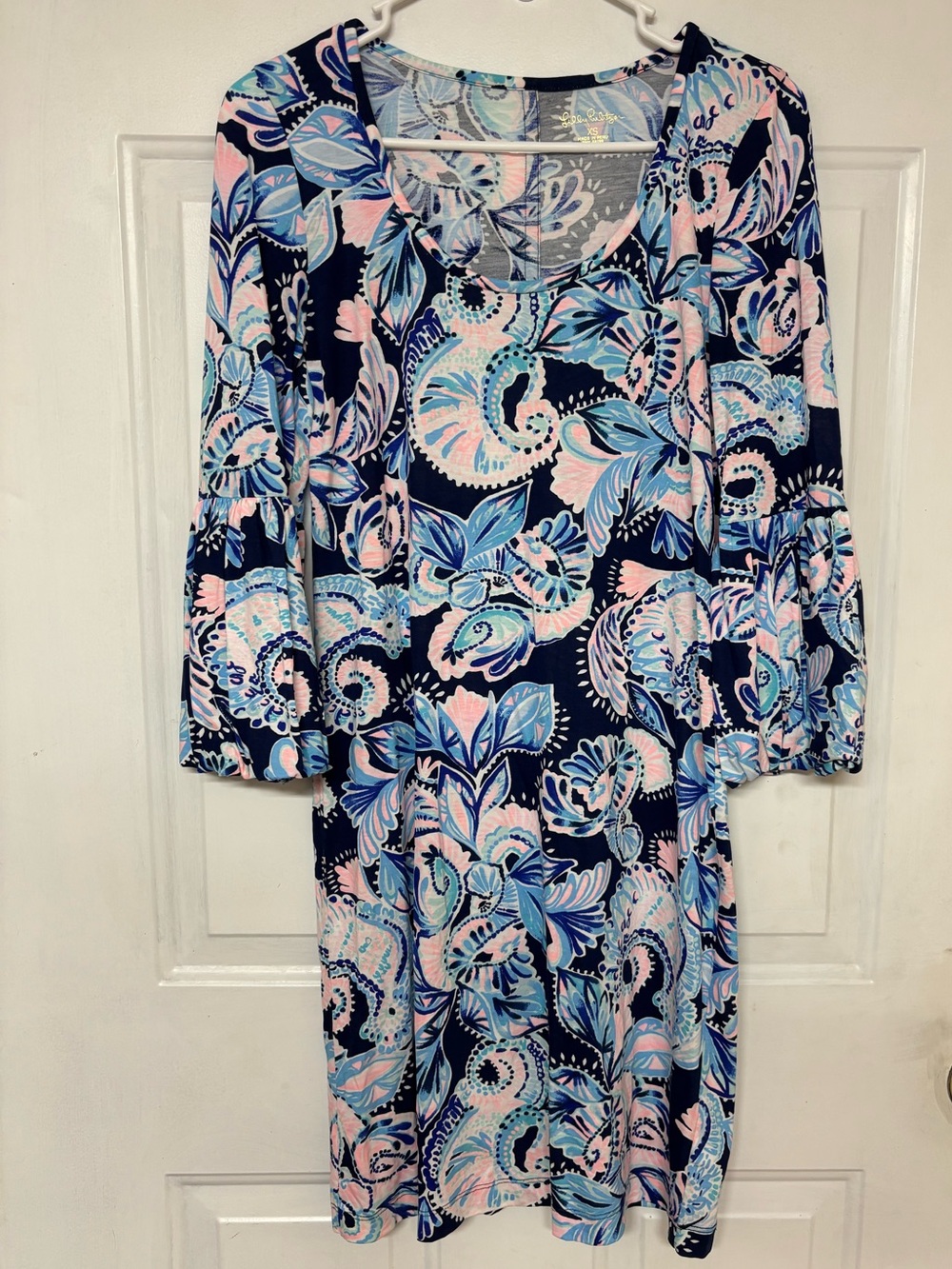Lilly Pulitzer XS Navy Blue Pink Paisley Floral 3/4 Bell Sleeve Dress